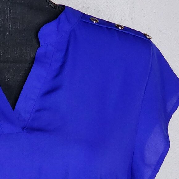 Sweet Rain Blue SS V Neck Poly Silver Button Shoulder Peplum Midi Dress Jr Sz L - Picture 3 of 16